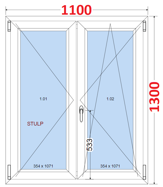 Dvoukdl Okna SMART - Na mru SMART Dvoukdl plastov okno 110x130,  bez stedovho sloupku