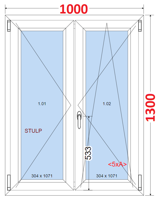 Okna SMART - Na míru SMART Dvoukřídlé plastové okno 100x130,  bez středového sloupku