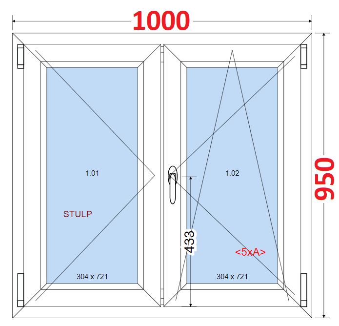 Dvoukdl Okna O + OS (Stulp) - ka 100cm SMART Dvoukdl plastov okno 100x95,  bez stedovho sloupku