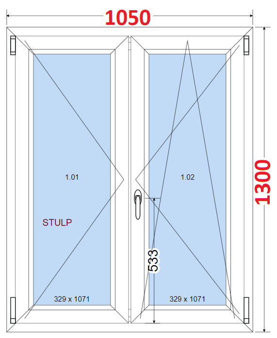 Dvoukdl Okna O + OS (Stulp) - ka 105cm SMART Dvoukdl plastov okno 105x130,  bez stedovho sloupku