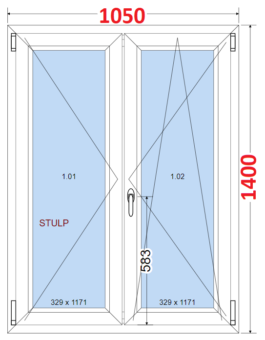 Dvoukdl Okna O + OS (Stulp) - ka 105cm SMART Dvoukdl plastov okno 105x140,  bez stedovho sloupku