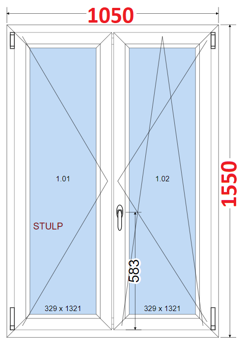 O + OS (Stulp) SMART Dvoukdl plastov okno 105x155,  bez stedovho sloupku