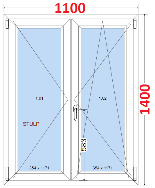 Dvoukdl Okna O + OS (Stulp) - ka 110cm SMART Dvoukdl plastov okno 110x140,  bez stedovho sloupku