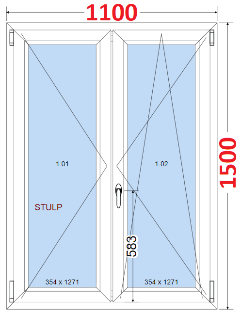 Dvoukdl Okna O + OS (Stulp) - ka 110cm SMART Dvoukdl plastov okno 110x150,  bez stedovho sloupku