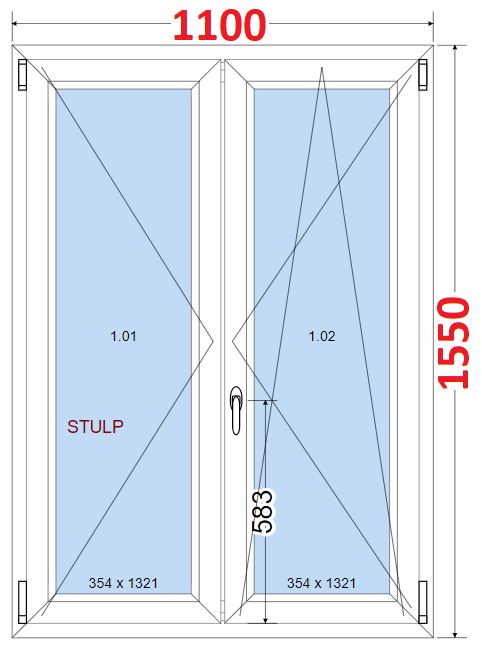 Dvoukdl Okna O + OS (Stulp) - ka 110cm SMART Dvoukdl plastov okno 110x155,  bez stedovho sloupku