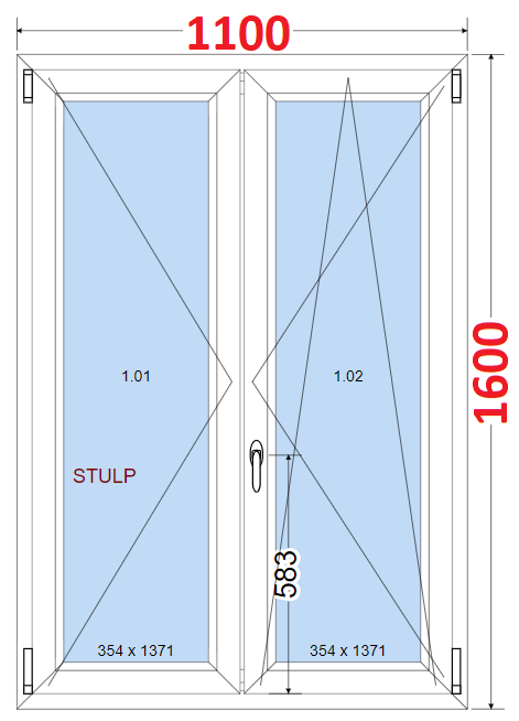 Dvoukdl Okna O + OS (Stulp) - ka 110cm SMART Dvoukdl plastov okno 110x160,  bez stedovho sloupku