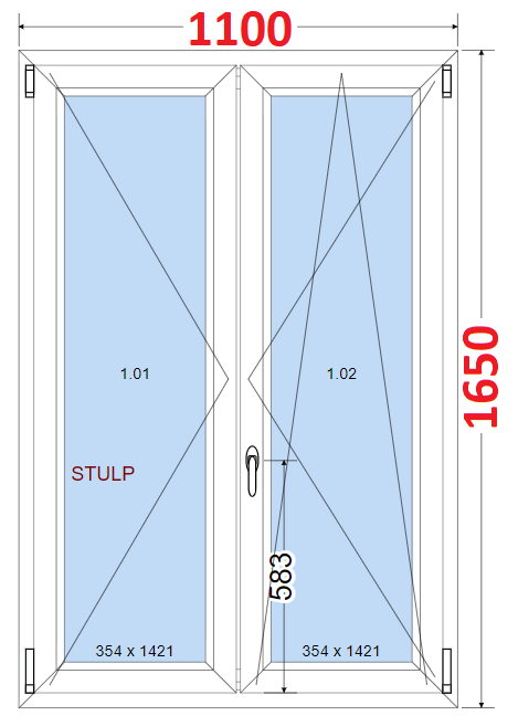 Dvoukdl Okna O + OS (Stulp) - ka 110cm SMART Dvoukdl plastov okno 110x165,  bez stedovho sloupku