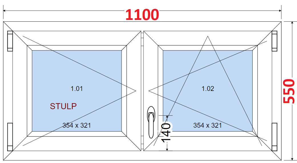 Dvoukdl Okna O + OS (Stulp) - ka 110cm SMART Dvoukdl plastov okno 110x55,  bez stedovho sloupku