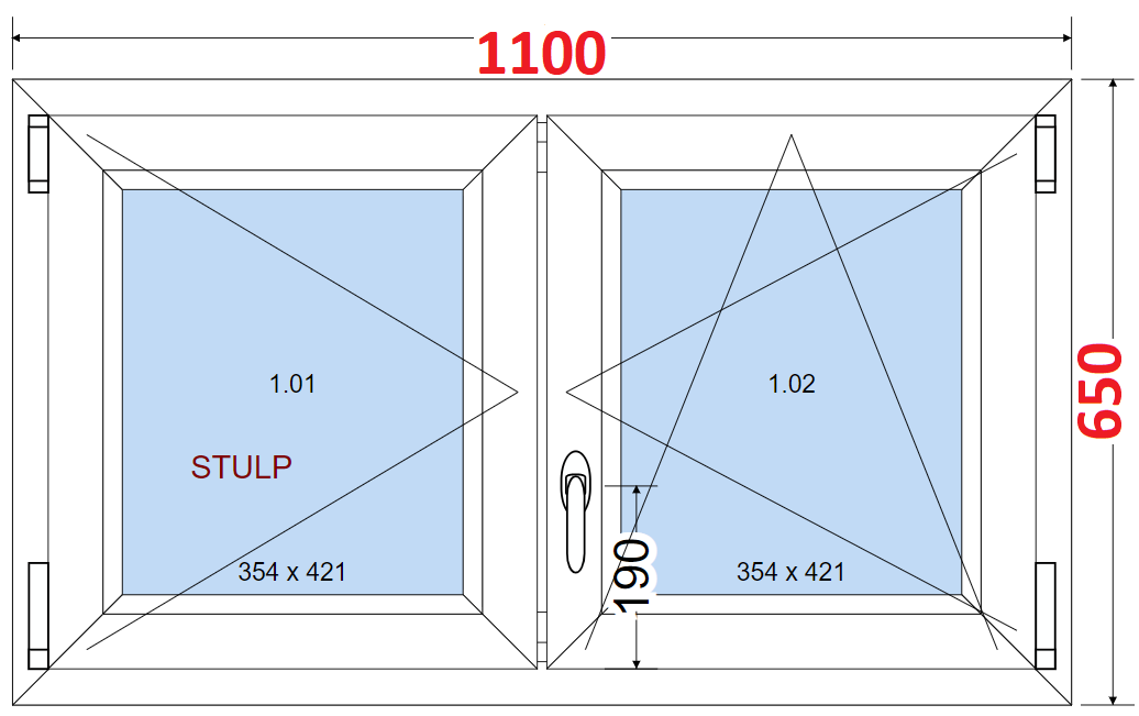 Dvoukdl Okna O + OS (Stulp) - ka 110cm SMART Dvoukdl plastov okno 110x65,  bez stedovho sloupku
