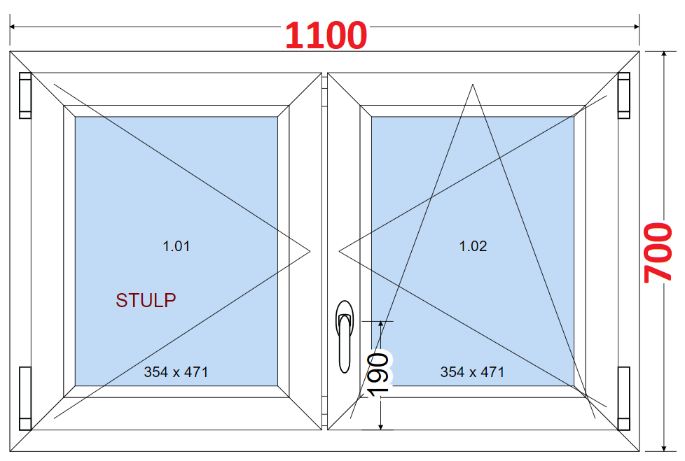 Dvoukdl Okna O + OS (Stulp) - ka 110cm SMART Dvoukdl plastov okno 110x70,  bez stedovho sloupku