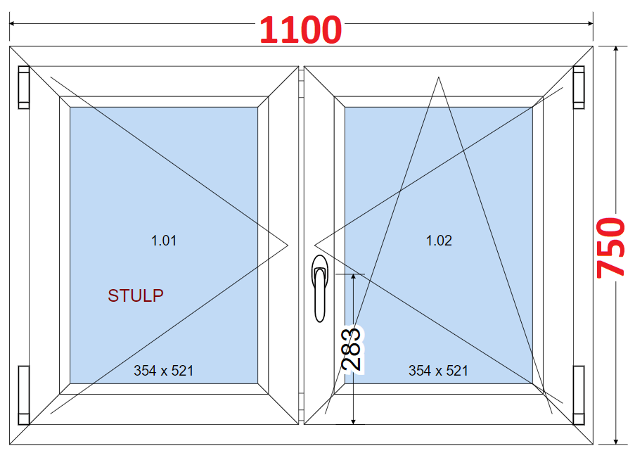 Dvoukdl Okna O + OS (Stulp) - ka 110cm SMART Dvoukdl plastov okno 110x75,  bez stedovho sloupku