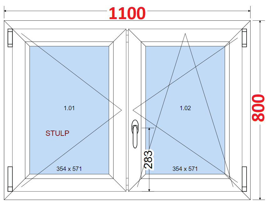 Dvoukdl Okna O + OS (Stulp) - ka 110cm SMART Dvoukdl plastov okno 110x80,  bez stedovho sloupku