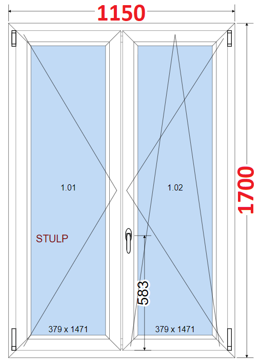Dvoukdl Okna O + OS (Stulp) - ka 115cm SMART Dvoukdl plastov okno 115x170,  bez stedovho sloupku