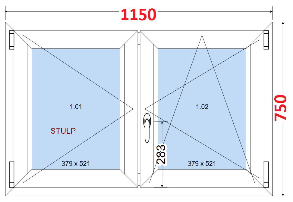 Dvoukdl Okna O + OS (Stulp) - ka 115cm SMART Dvoukdl plastov okno 115x75,  bez stedovho sloupku