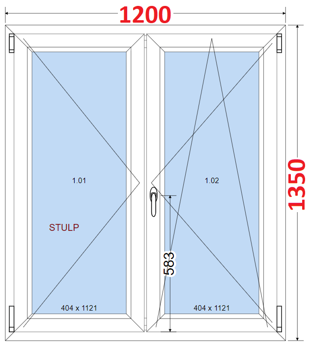 Dvoukdl Okna O + OS (Stulp) - ka 120cm SMART Dvoukdl plastov okno 120x135,  bez stedovho sloupku