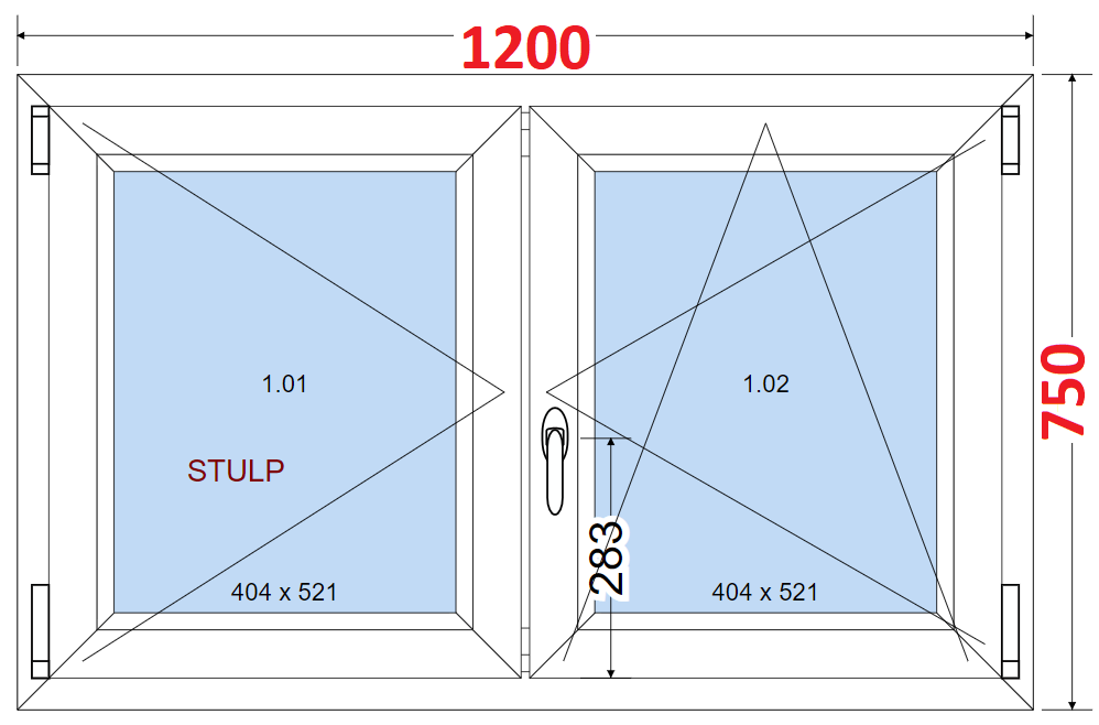 Dvoukdl Okna O + OS (Stulp) - ka 120cm SMART Dvoukdl plastov okno 120x75,  bez stedovho sloupku