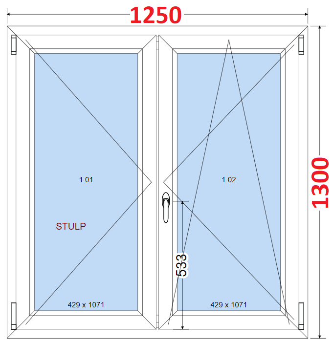 Dvoukdl Okna O + OS (Stulp) - ka 125cm SMART Dvoukdl plastov okno 125x130,  bez stedovho sloupku