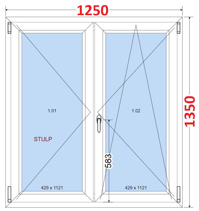 Dvoukdl Okna O + OS (Stulp) - ka 125cm SMART Dvoukdl plastov okno 125x135,  bez stedovho sloupku