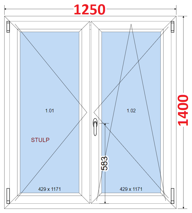 Dvoukdl Okna O + OS (Stulp) - ka 125cm SMART Dvoukdl plastov okno 125x140,  bez stedovho sloupku