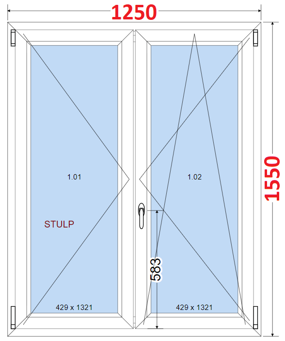 Dvoukdl Okna O + OS (Stulp) - ka 125cm SMART Dvoukdl plastov okno 125x155,  bez stedovho sloupku