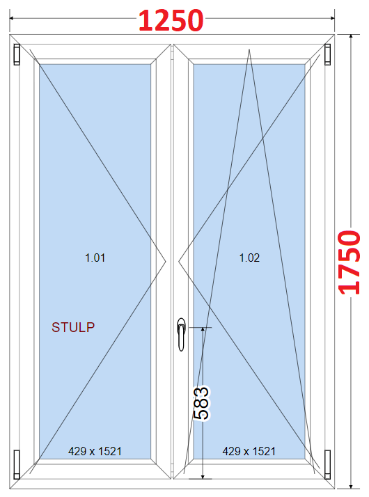 Dvoukdl Okna O + OS (Stulp) - ka 125cm SMART Dvoukdl plastov okno 125x175,  bez stedovho sloupku