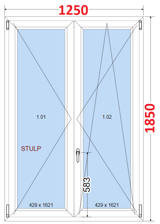 Dvoukdl Okna O + OS (Stulp) - ka 125cm SMART Dvoukdl plastov okno 125x185,  bez stedovho sloupku
