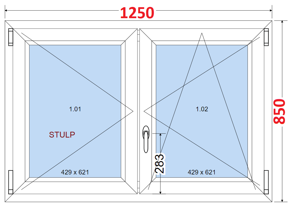 Dvoukdl Okna O + OS (Stulp) - ka 125cm SMART Dvoukdl plastov okno 125x85,  bez stedovho sloupku