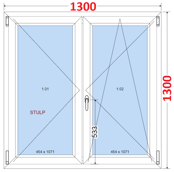 Dvoukdl Okna O + OS (Stulp) - ka 130cm SMART Dvoukdl plastov okno 130x130,  bez stedovho sloupku