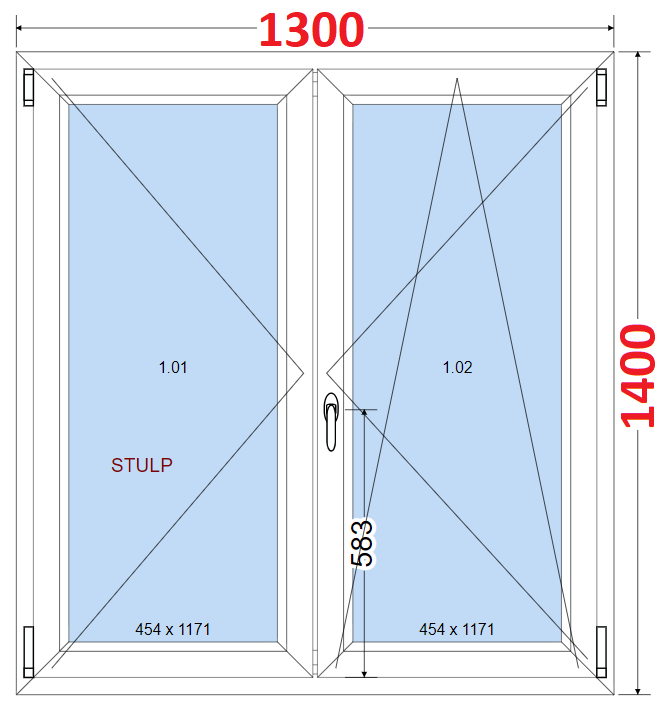 Dvoukdl Okna O + OS (Stulp) - ka 130cm SMART Dvoukdl plastov okno 130x140,  bez stedovho sloupku
