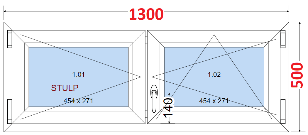 Dvoukdl Okna O + OS (Stulp) - ka 130cm SMART Dvoukdl plastov okno 130x50,  bez stedovho sloupku