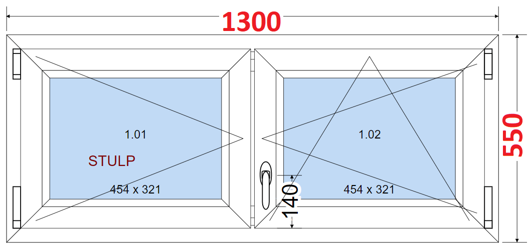 Dvoukdl Okna O + OS (Stulp) - ka 130cm SMART Dvoukdl plastov okno 130x55,  bez stedovho sloupku