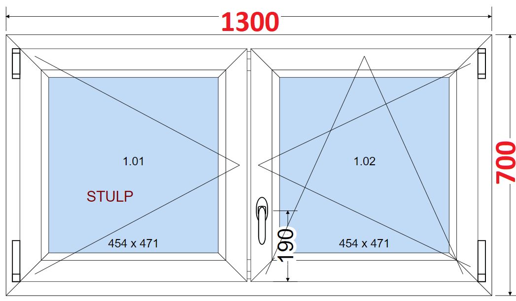 Dvoukdl Okna O + OS (Stulp) - ka 130cm SMART Dvoukdl plastov okno 130x70,  bez stedovho sloupku