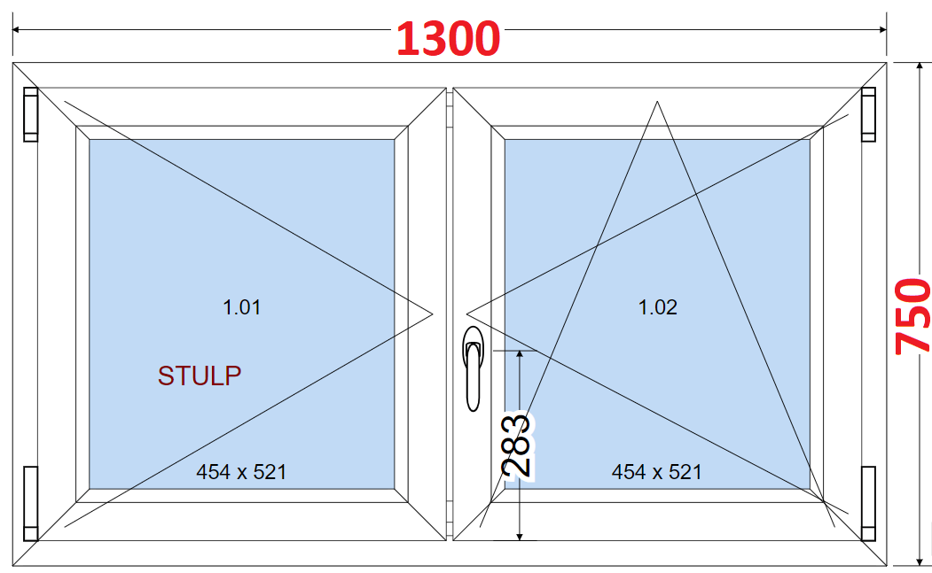 Dvoukdl Okna O + OS (Stulp) - ka 130cm SMART Dvoukdl plastov okno 130x75,  bez stedovho sloupku