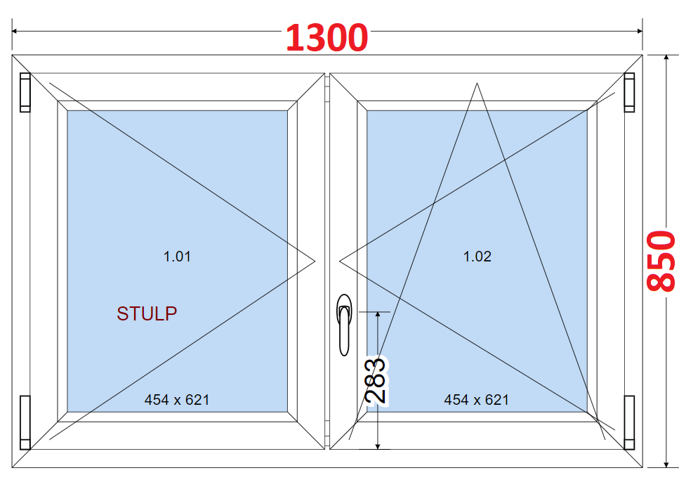 Dvoukdl Okna O + OS (Stulp) - ka 130cm SMART Dvoukdl plastov okno 130x85,  bez stedovho sloupku
