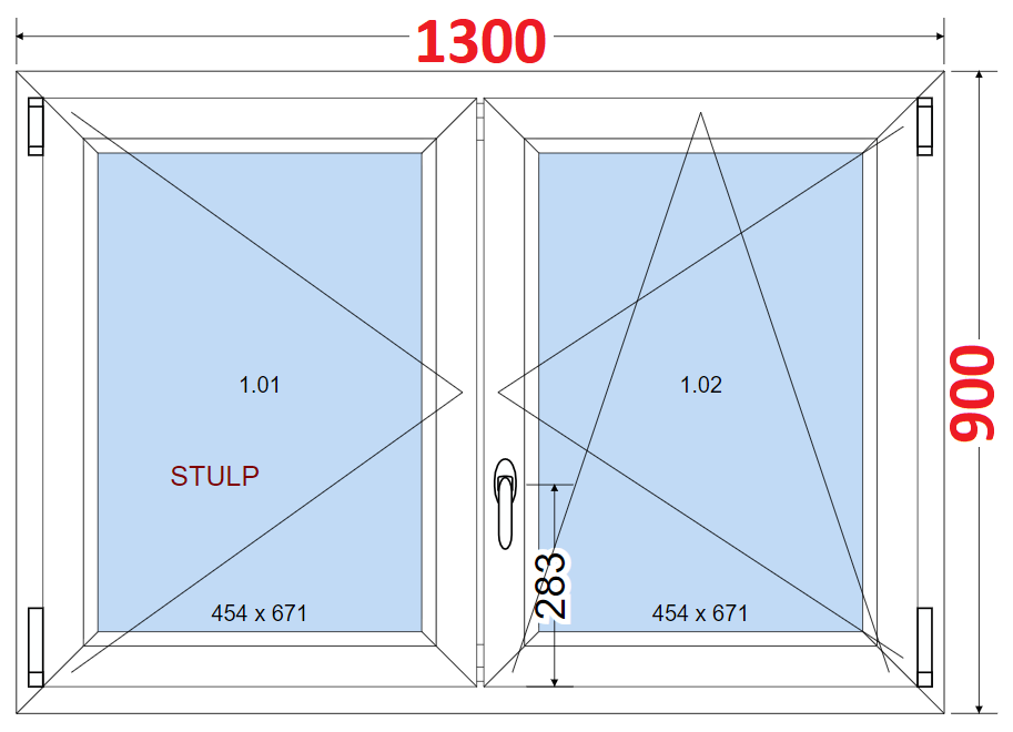 Dvoukdl Okna O + OS (Stulp) - ka 130cm SMART Dvoukdl plastov okno 130x90,  bez stedovho sloupku
