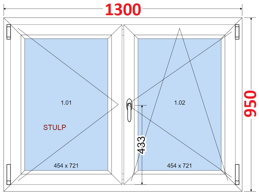 Dvoukdl Okna O + OS (Stulp) - ka 130cm SMART Dvoukdl plastov okno 130x95,  bez stedovho sloupku